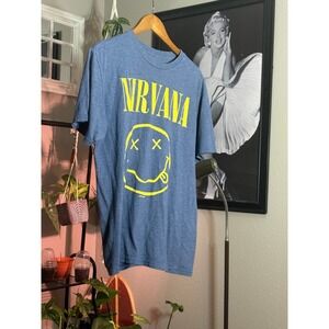 Nirvana Smiley Face Logo Graphic T-Shirt Blue Mens Music Band Tee